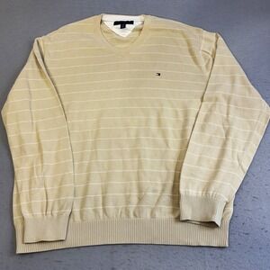 Tommy Hilfiger V-Neck Sweater Mens XXL Tan Striped Excellent Cotton Blend Logo